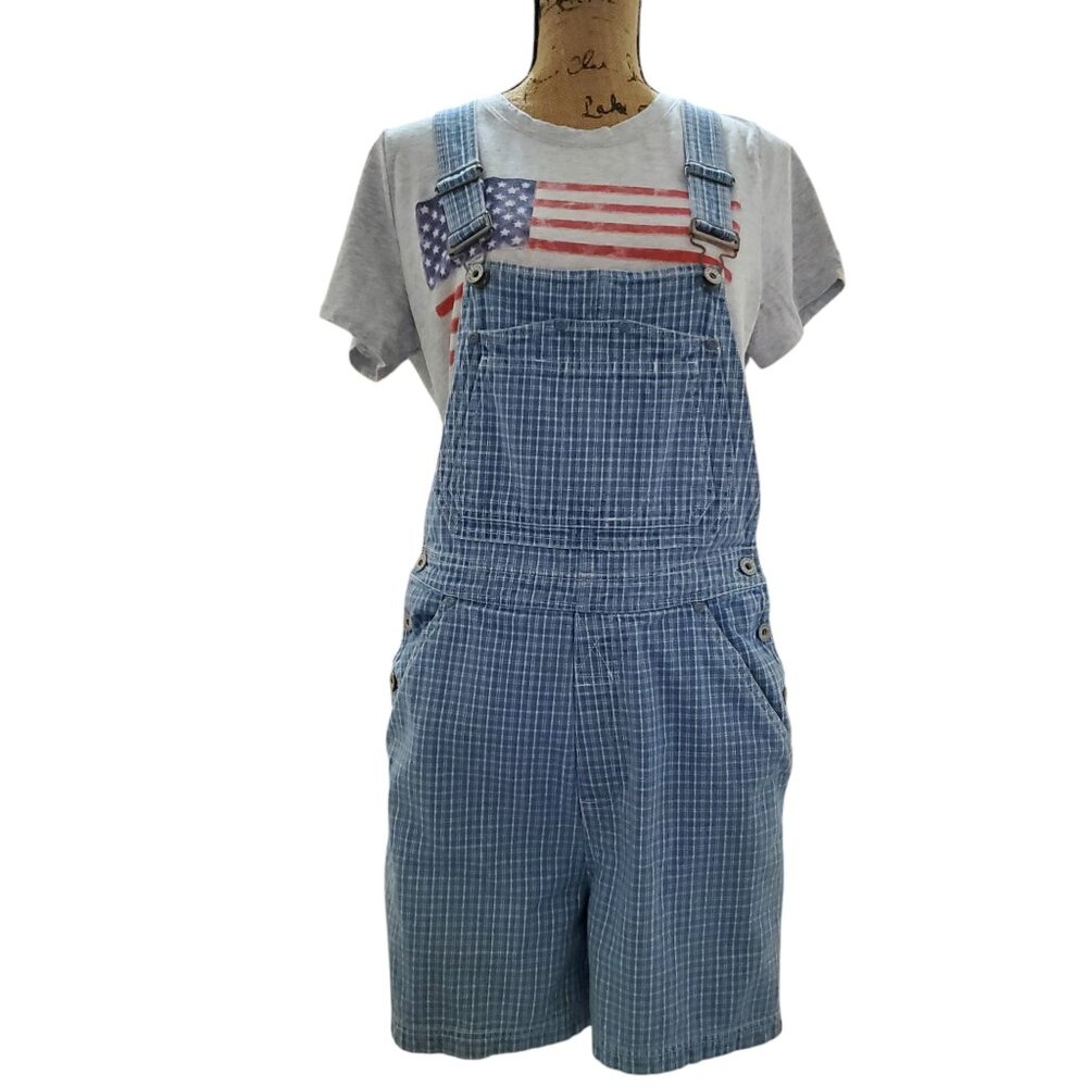 Sonoma Vintage Y2K Blue and White Plaid Denim Shortalls Size Small